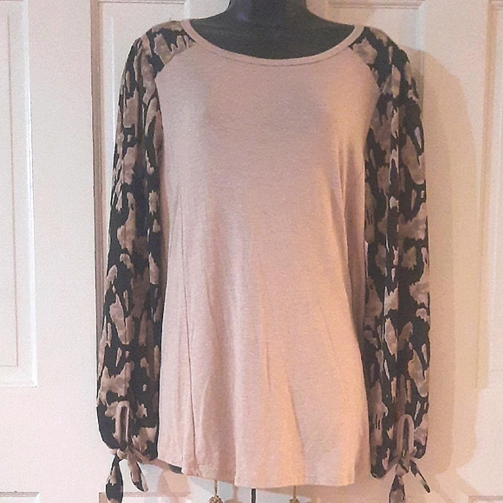 Women's Beige and Black Blouse - Printed Sleeve Blouse -  Women's Size Medium